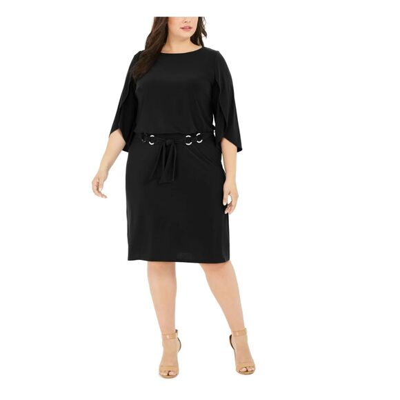 MSK Plus Size Women's Belted Tulip-Sleeve Fit & Flare Dress, Black, 3X - Picture 1 of 3